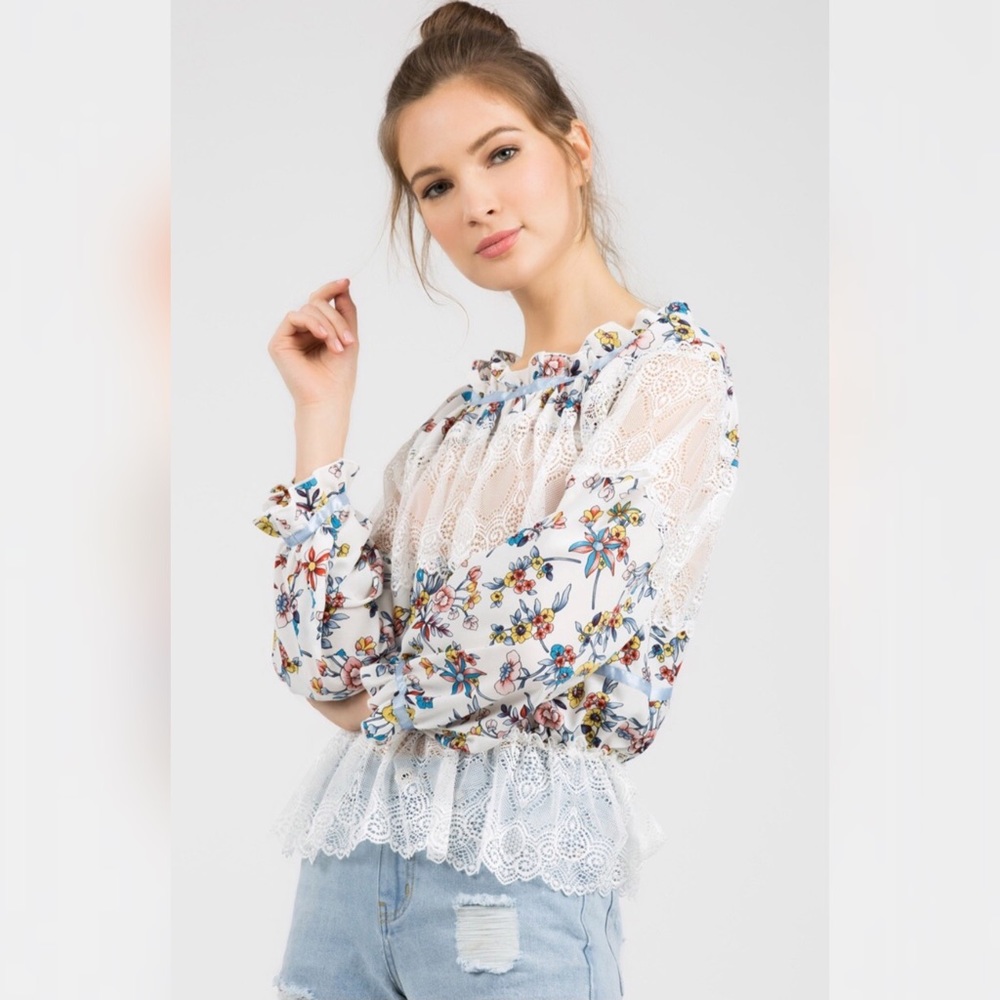 SALE POL White + Blue Flowers & Lace High Neck Top - Picture 6 of 13